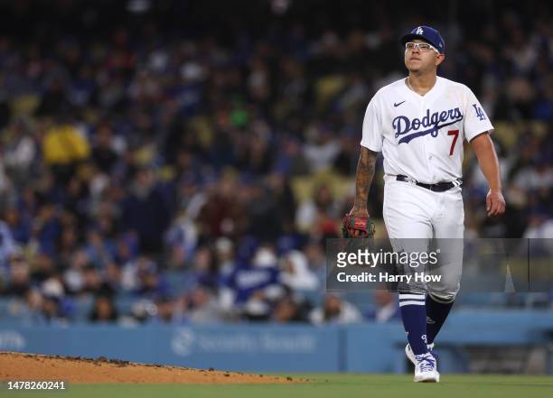 Will Smith of the Los Angeles Dodgers reacts after the third Arizona Diamondbacks out trailing 2-0 at the end of the second inning on opening day of...