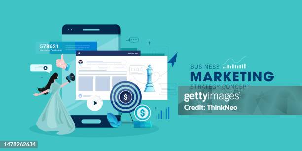 girl holding megaphone for digital marketing - online advertising stock illustrations