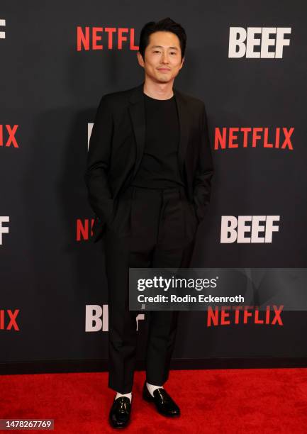 Steven Yeun attends the Los Angeles premiere of Netflix's "BEEF" at TUDUM Theater on March 30, 2023 in Hollywood, California.