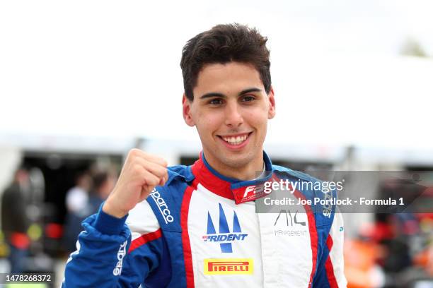 Pole position qualifier Gabriel Bortoleto of Brazil and Trident celebrates in parc ferme during Qualifying ahead of Round 2:Melbourne of the Formula...
