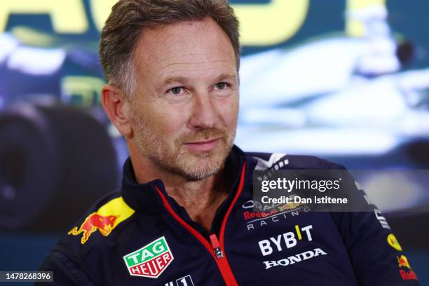 Red Bull Racing Team Principal Christian Horner looks on in the Team Principals Press Conference during practice ahead of the F1 Grand Prix of...