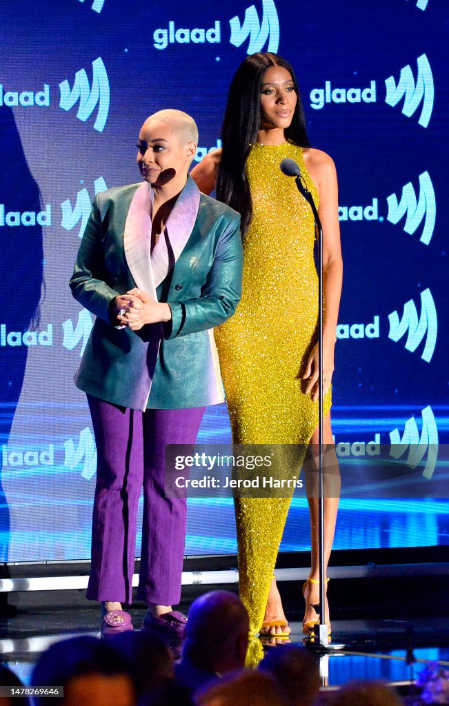 Raven-Symoné and Isis King speak onstage during the 34th Annual GLAAD