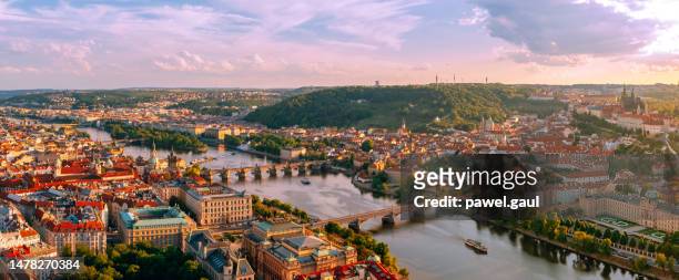 prague city with vltava river during sunset czech republic aerial - st vitus's cathedral stock pictures, royalty-free photos & images