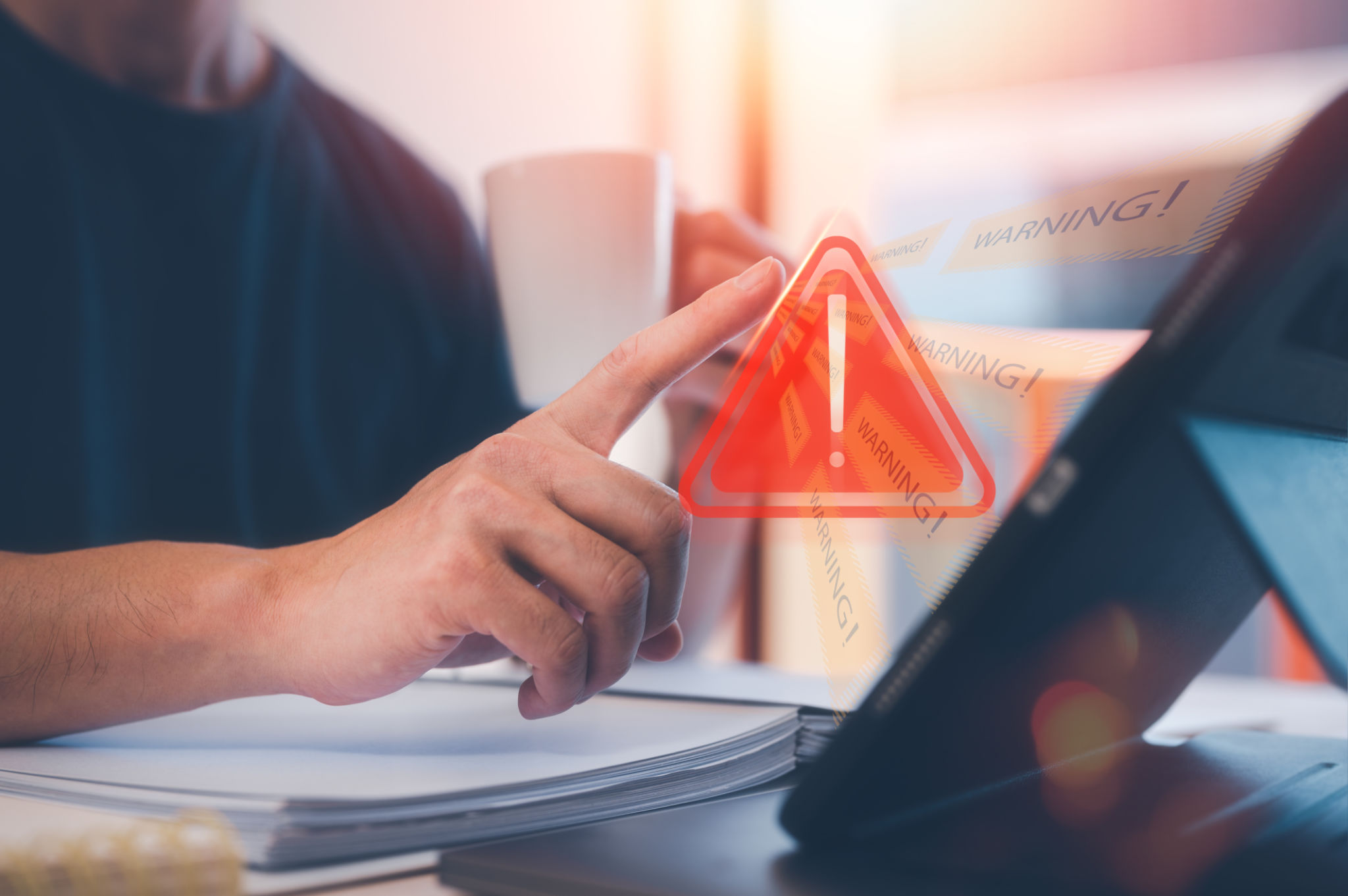 internet network security concept, businessman working on tablet ,computer laptop with triangle, warning sign , developer with triangle caution warning sign for notification error and maintenance concept internet network security concept, businessman working on tablet ,computer laptop with triangle, warning sign , developer with triangle caution warning sign for notification error and maintenance concept