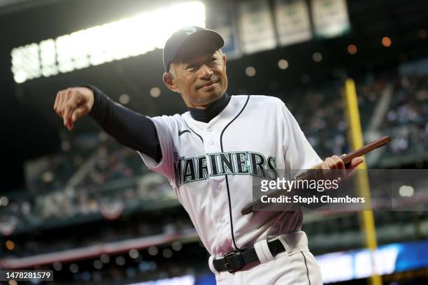 Ichiro Suzuki is acknowledged before the game during Opening Day between the Seattle Mariners and the Cleveland Guardians at T-Mobile Park on March...