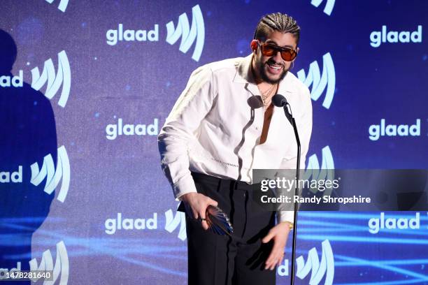 Bad Bunny speaks onstage during the GLAAD Media Awards at The Beverly Hilton on March 30, 2023 in Beverly Hills, California.