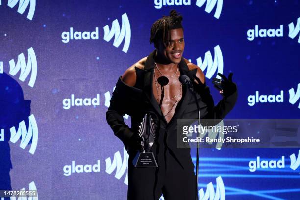 Jeremy Pope speaks onstage during the GLAAD Media Awards at The Beverly Hilton on March 30, 2023 in Beverly Hills, California.