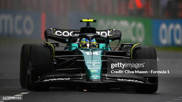 Fernando Alonso of Spain driving the Aston Martin AMR23 Mercedes on track during practice ahead of the F1 Grand Prix of Australia at Albert Park...