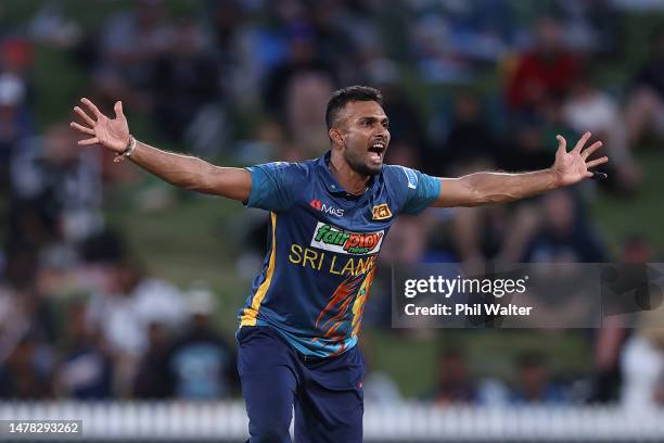 Dasun Shanaka of Sri Lanka appeals unsuccessfully against Will Young of New Zealand during game three of the One Day International series between New...