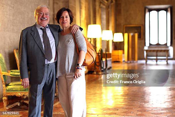 Italian anchorman Gianni Mina and his wife attend the Chevalier de l'Ordre des Arts et des Lettres award to Stefania Sandrelli at Palazzo Farnese on...