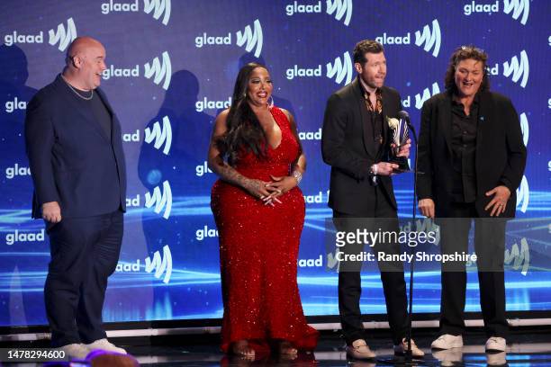 Guy Branum, Ts Madison, Billy Eichner, and Dot-Marie Jones speak onstage during the GLAAD Media Awards at The Beverly Hilton on March 30, 2023 in...