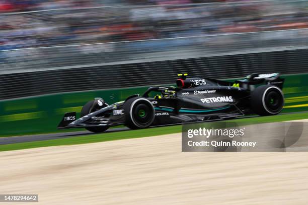 Lewis Hamilton of Great Britain driving the Mercedes AMG Petronas F1 Team W14 on track during practice ahead of the F1 Grand Prix of Australia at...