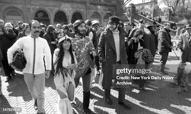 Yayoi Kusama, who's trying to bring her version of oriental culture to Fun City, prances through crowd of kindred spirits near Bethesda Fountain in...