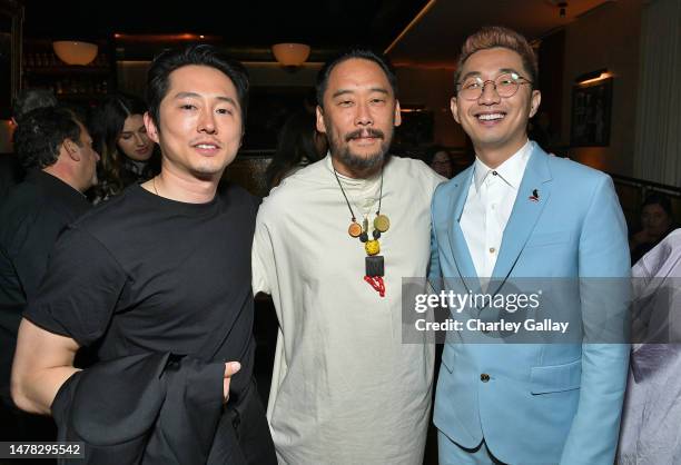 Steven Yeun, David Choe and Lee Sung Jin attend Netflix's Los Angeles premiere "BEEF" afterparty on March 30, 2023 in Los Angeles, California.