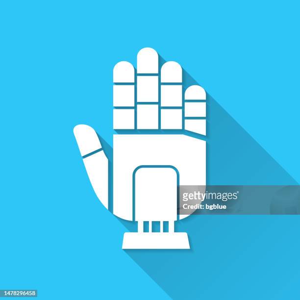 robot hand. icon on blue background - flat design with long shadow - robot hand human hand stock illustrations
