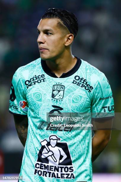 Lucas Romero of Leon looks on prior the 9nd round match between Leon and Monterrey as part of the Torneo Clausura 2023 Liga MX at Leon Stadium on...