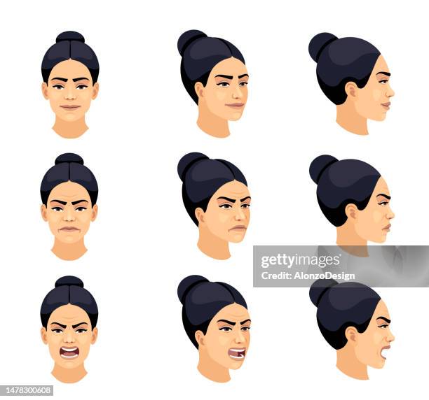 young woman facial emotions set. - 3d human model stock illustrations