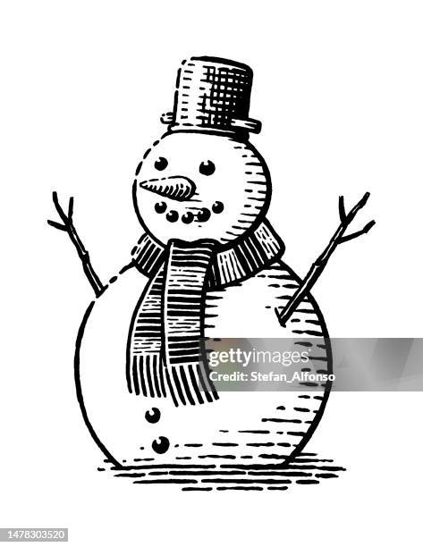 vektorzeichnung eines schneemanns, der schal und topf als hut trägt - schneemann stock-grafiken, -clipart, -cartoons und -symbole