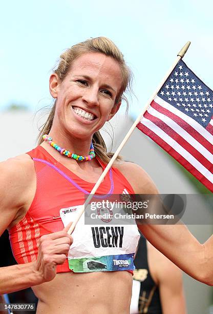 Morgan Uceny celebrates as after winning the Women's 1500 Meter Run Final on day ten of the U.S. Olympic Track & Field Team Trials at the Hayward...