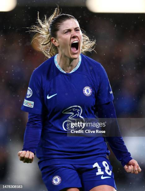 Maren Mjelde of Chelsea celebrates after scoring the team's first goal from a penalty during the UEFA Women's Champions League quarter-final 2nd leg...