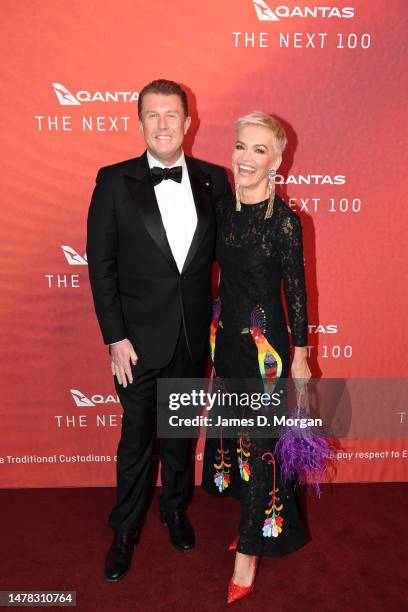 Peter Overton and Jessica Rowe attend the Qantas 100th Gala Dinner at Jetbase 96 hangar at Sydney's International Airport on March 31, 2023 in...