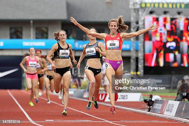 Morgan Uceny celebrates as she crosses the finish line to win the Women's 1500 Meter Run Final on day ten of the U.S. Olympic Track & Field Team...