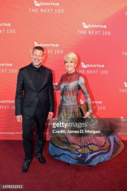 Julie Bishop and Luke Hepworth attend the Qantas 100th Gala Dinner at Jetbase 96 hangar at Sydney's International Airport on March 31, 2023 in...