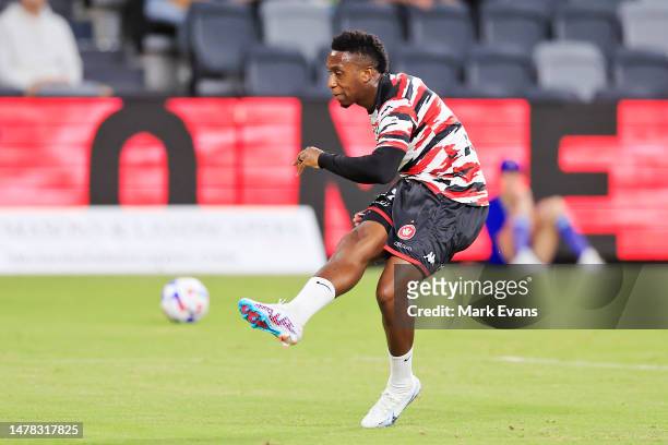 Yeni N'Gbakoto of the Wanderers warms up during the round 22 A-League Men's match between Western Sydney Wanderers and Adelaide United at CommBank...