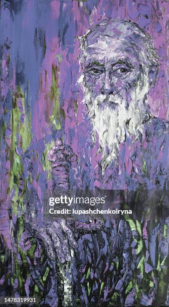 stockillustraties, clipart, cartoons en iconen met illustration oil painting portrait of a strict elderly man with a beard sword in hand on a purple background - 80 89 jaar