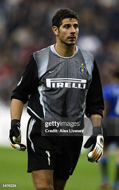 Goalkeeper Francesco Toldo of Inter Milan in action during the UEFA Champions League Group D match between Inter Milan and Ajax on September 25, 2002...