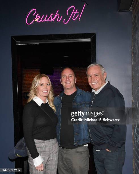 President of the L.A. Lakers Jeanie Buss, comedian Jay Mohr and Ice House owner Johny Buss pose at The Ice House Comedy Club on March 30, 2023 in...
