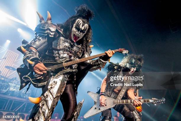 Gene Simmons and Paul Stanley of KISS perform on stage during a one-off show in support of Help For Heroes at HMV Forum on July 4, 2012 in London,...