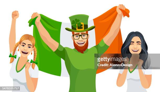 handsome irish patriot. cheerful man wrapped in irish flag. - blonde attraction stock illustrations