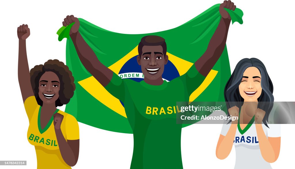 Rapazes e moças segurando a Bandeira do Brasil.