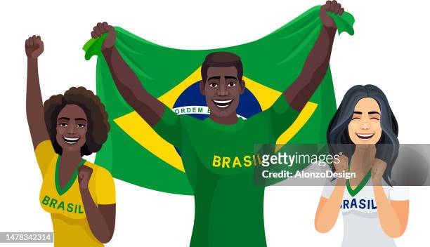 young man and women holding brazilian flag. - brazilian ethnicity stock illustrations