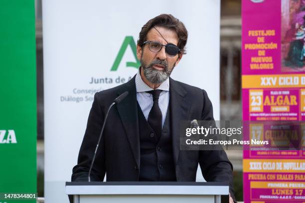 The bullfighter, Juan Jose Padilla, speaks at the event, on March 31 in Seville, . The Minister of the Presidency, Interior, Social Dialogue and...