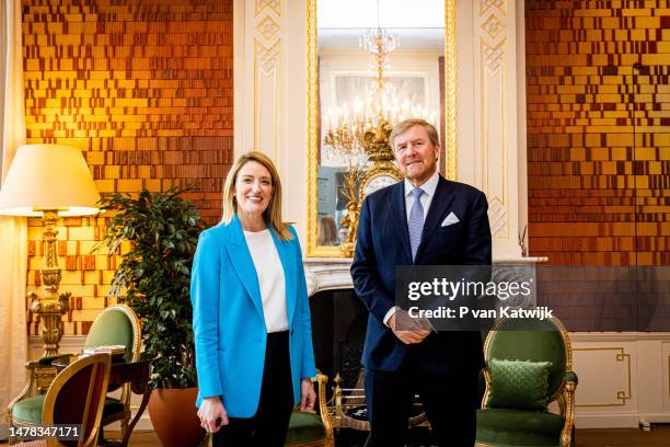 King Willem-Alexander of The Netherlands welcomes the Chairwoman of the European Parliament Roberta Metsola on March 31, 2023 in The Hague,...