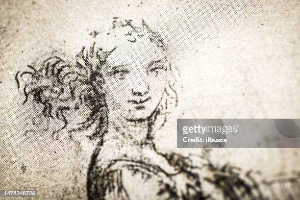 leonardo's sketches and drawings: young woman - traditional italian dress stock illustrations
