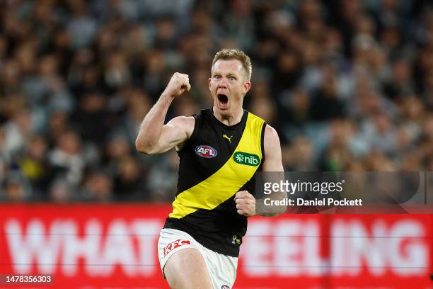 Jack Riewoldt of the Tigers celebrates kicking a goal during the round three AFL match between Collingwood Magpies and Richmond Tigers at Melbourne...