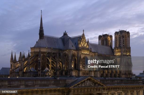 Vue d'ensemble de la cathédrale de Reims côté nord, de nuit, depuis une terrasse de la place royale.