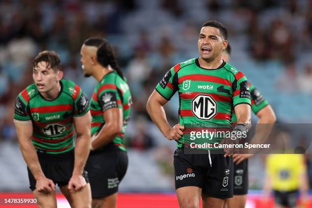 Cody Walker of the Rabbitohs looks dejected during the round five NRL match between the South Sydney Rabbitohs and Melbourne Storm at Accor Stadium...