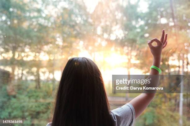 the girl from behind is watching the sunset in the forest and shows ok. beautiful nature lifestyle and cute girl with lens flare with copy space. - relaxed sunshine happy lens flare bildbanksfoton och bilder