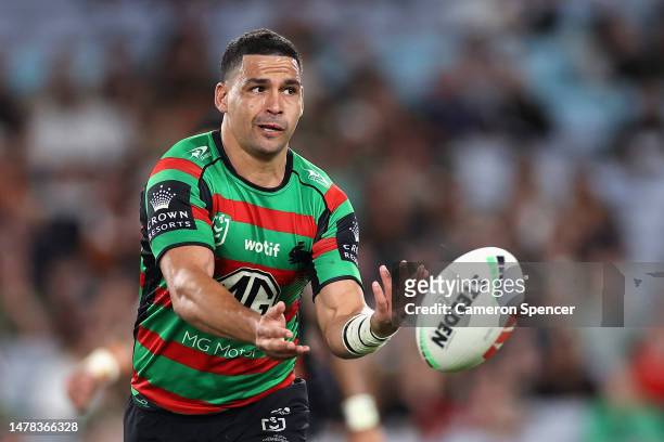 Cody Walker of the Rabbitohs passes during the round five NRL match between the South Sydney Rabbitohs and Melbourne Storm at Accor Stadium on March...