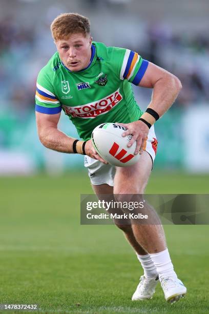 Zac Woolford of the Raiders runs the ball during the round five NRL match between Canberra Raiders and Parramatta Eels at GIO Stadium on March 31,...