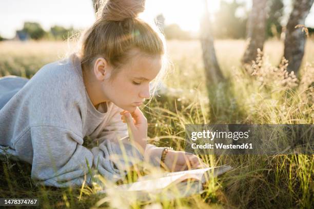 girl lying on grass and reading book on sunny day - open day 13 stock pictures, royalty-free photos & images