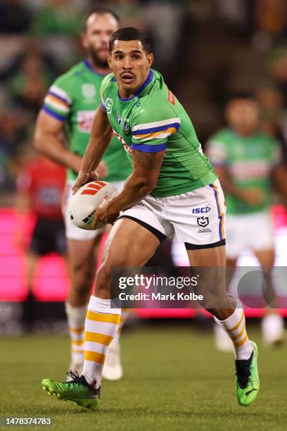 Jamal Fogarty of the Raiders passes during the round five NRL match between Canberra Raiders and Parramatta Eels at GIO Stadium on March 31, 2023 in...