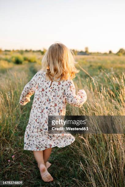 carefree girl running on field - barefoot girl stock pictures, royalty-free photos & images