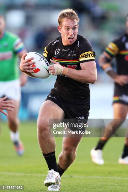 Zac Hosking of the Panthers runs the ball during the round five NRL match between Canberra Raiders and Parramatta Eels at GIO Stadium on March 31,...