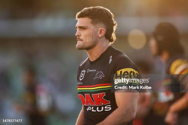 Nathan Cleary of the Panthers watches on during the round five NRL match between Canberra Raiders and Parramatta Eels at GIO Stadium on March 31,...