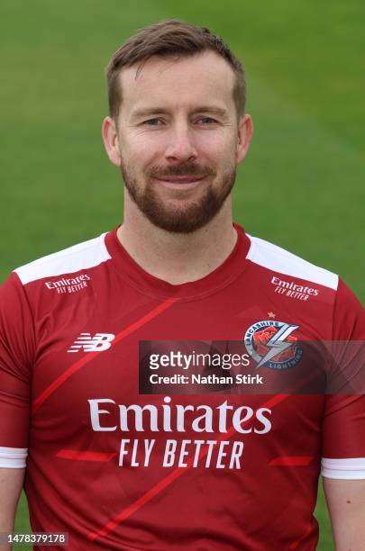 Steven Croft of Lancashire poses for a photo during the Lancashire Photocall at Emirates Old Trafford on March 31, 2023 in Manchester, England.